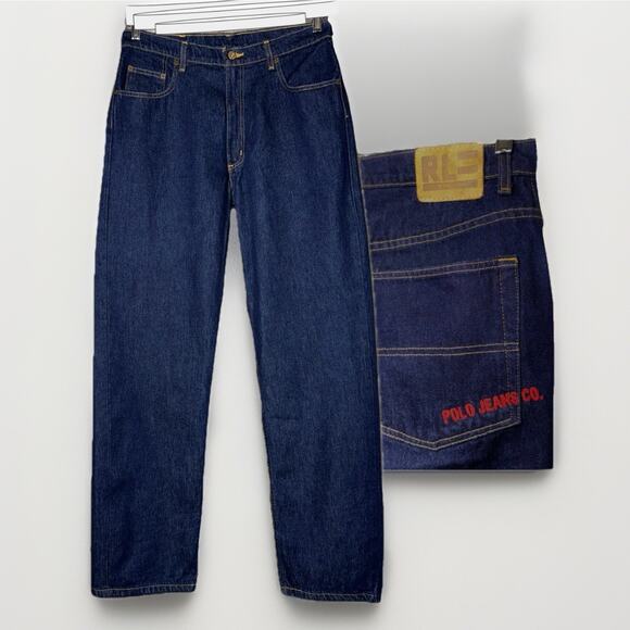 NWOT Vintage Y2K Ralph Lauren Polo Jeans Dark Denim Loose Jeans 31x32 Embroidery - Picture 1 of 5